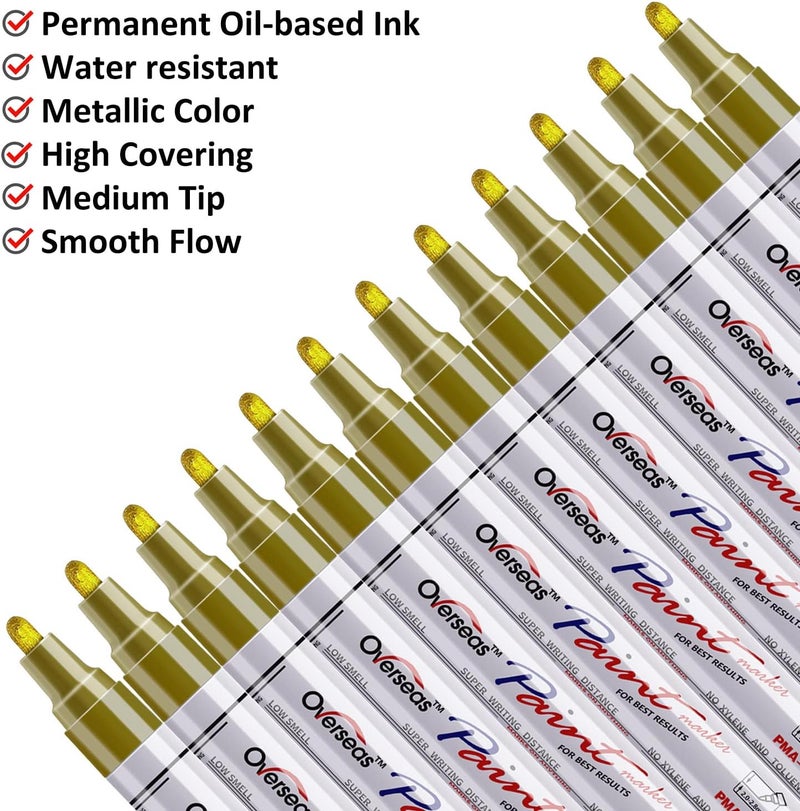 Lesun Gold Paint Pens, 12 Pack Waterproof Oil-Based Paint Pen Set - Quick Dry, Permanent Markers for Rock, Stone, Ceramic, Wood, Fabric, Plastic, Canvas, Glass, Mugs, Tires - Image 2